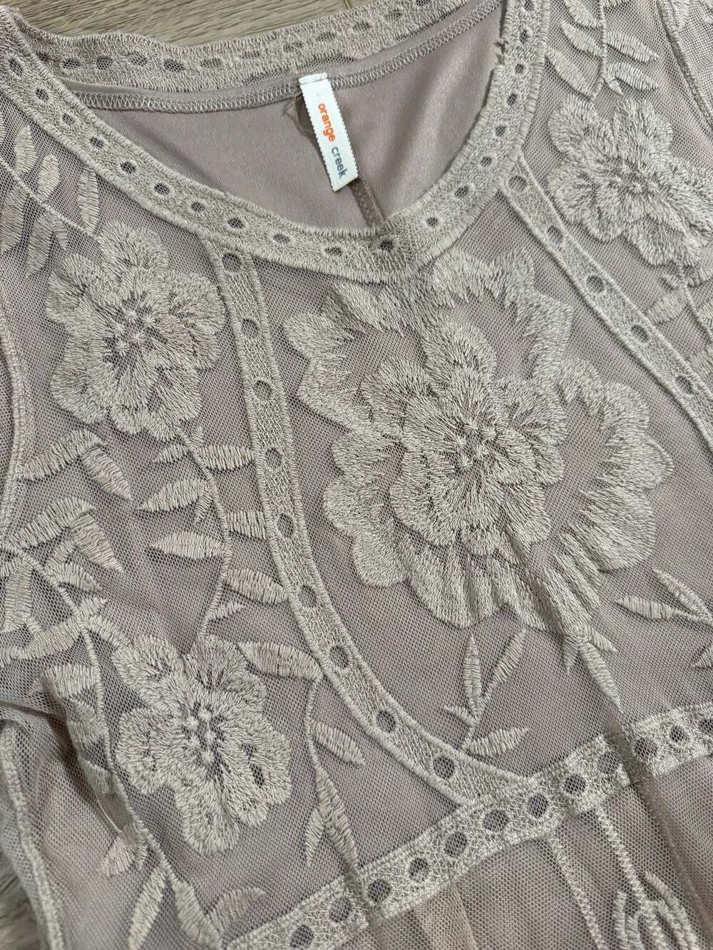 Orange Creek M/L Beige Embroidered Lace Midi Dress Lined Boho Floral - Picture 4 of 16